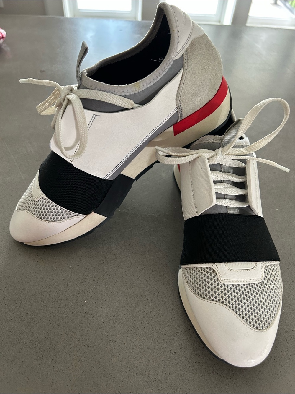 38 (7.5) Balenciaga Race Runner White, Gray & Red Runner Accent Sneaker